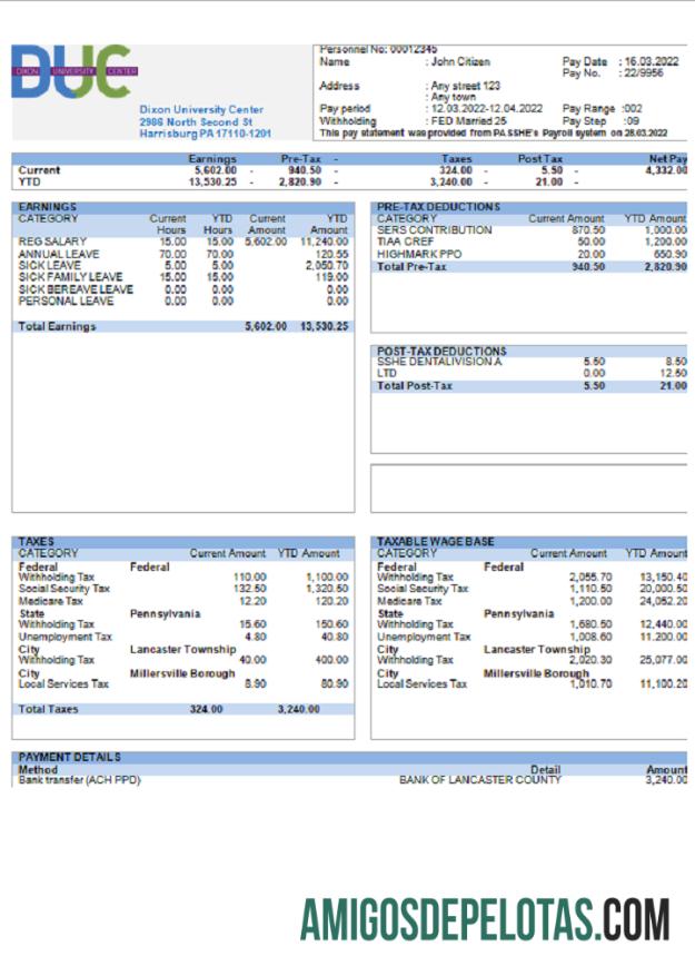 Recibo de pagamento da empresa educacional do USA Dixon University Center modelo